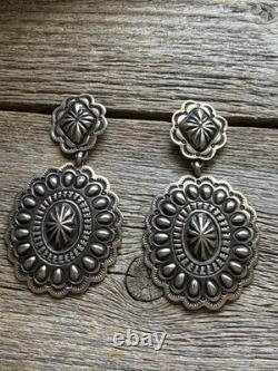 Navajo Native American Sterling Silver Stamped Handmade Earrings T O White