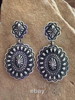 Navajo Native American Sterling Silver Stamped Handmade Earrings T O White