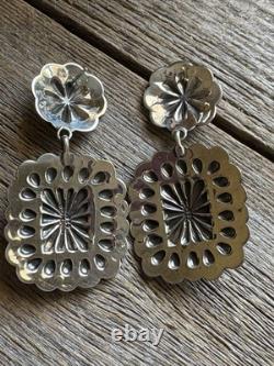 Navajo Native American Sterling Silver Stamped Handmade Earrings T O White