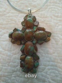 Navajo Native American Sterling Silver Turquoise 5 1/2 Cross Pendant Necklace