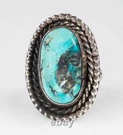 Navajo Native American Sterling Silver Turquoise Ring Signed GH, Size 6.50