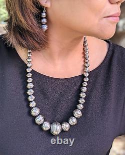Navajo Pearls Necklace and Earrings Set, Native American Hand Made Sterling