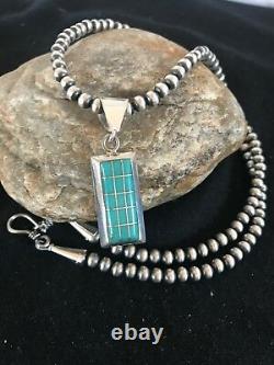 Navajo Pearls Sterling Silver Turquoise Bead Necklace Inlay Pendant RM 1212