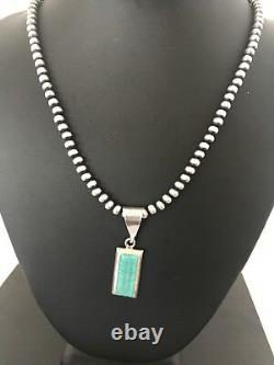 Navajo Pearls Sterling Silver Turquoise Bead Necklace Inlay Pendant RM 1212