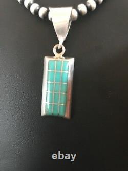 Navajo Pearls Sterling Silver Turquoise Bead Necklace Inlay Pendant RM 1212