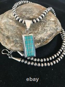 Navajo Pearls Sterling Silver Turquoise Bead Necklace Inlay Pendant RM 1212