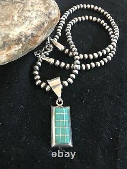 Navajo Pearls Sterling Silver Turquoise Bead Necklace Inlay Pendant RM 1212