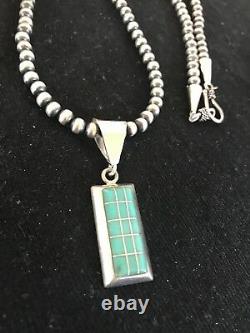 Navajo Pearls Sterling Silver Turquoise Bead Necklace Inlay Pendant RM 1212