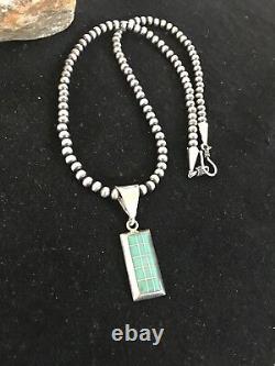 Navajo Pearls Sterling Silver Turquoise Bead Necklace Inlay Pendant RM 1212