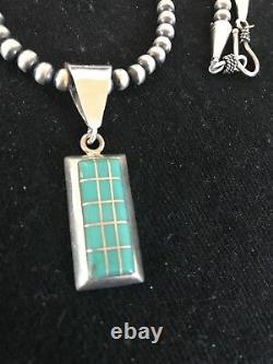 Navajo Pearls Sterling Silver Turquoise Bead Necklace Inlay Pendant RM 1212