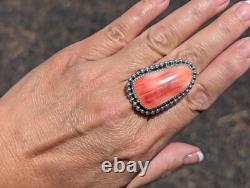Navajo Red Spiny Oyster Sterling Silver Ring Handmade Native American Sz 7.75US