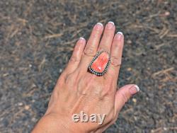 Navajo Red Spiny Oyster Sterling Silver Ring Handmade Native American Sz 7.75US