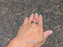 Navajo Red Spiny Oyster Sterling Silver Ring Handmade Native American Sz 7.75US