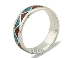 Navajo Ring 925 Silver Natural Turquoise & Coral Native American Artist C. 80's
