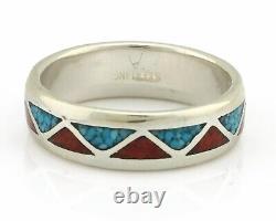 Navajo Ring 925 Silver Natural Turquoise & Coral Native American Artist C. 80's