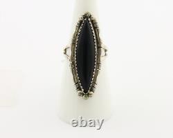 Navajo Ring 925 Silver Onyx Hand Stamped Native American Artist C. 80's