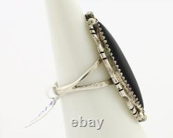 Navajo Ring 925 Silver Onyx Hand Stamped Native American Artist C. 80's