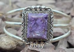 Navajo Signed Charoite Sterling Silver Native American Cuff Bracelet