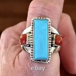 Navajo Signed RB Sterling Silver Coral and Turquoise Ring. Size 10