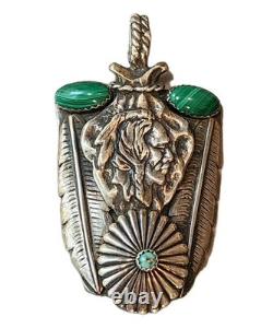 Navajo Silver 2 Malachite Oval Cabochons, Turquoise Chief Pendent 26gm 2.5
