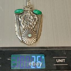 Navajo Silver 2 Malachite Oval Cabochons, Turquoise Chief Pendent 26gm 2.5