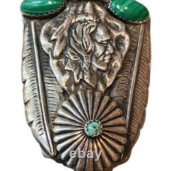 Navajo Silver 2 Malachite Oval Cabochons, Turquoise Chief Pendent 26gm 2.5