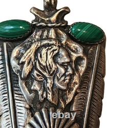 Navajo Silver 2 Malachite Oval Cabochons, Turquoise Chief Pendent 26gm 2.5