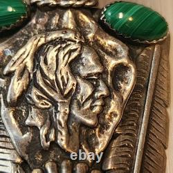 Navajo Silver 2 Malachite Oval Cabochons, Turquoise Chief Pendent 26gm 2.5