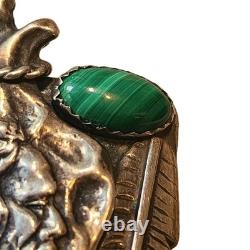 Navajo Silver 2 Malachite Oval Cabochons, Turquoise Chief Pendent 26gm 2.5