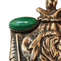 Navajo Silver 2 Malachite Oval Cabochons, Turquoise Chief Pendent 26gm 2.5