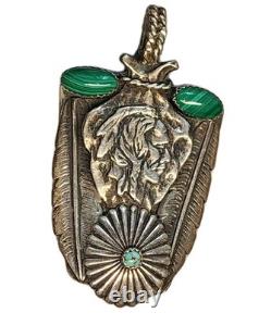 Navajo Silver 2 Malachite Oval Cabochons, Turquoise Chief Pendent 26gm 2.5