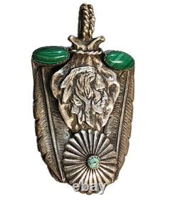 Navajo Silver 2 Malachite Oval Cabochons, Turquoise Chief Pendent 26gm 2.5