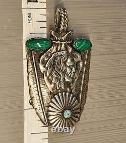 Navajo Silver 2 Malachite Oval Cabochons, Turquoise Chief Pendent 26gm 2.5