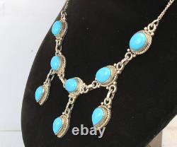 Navajo Silver & Turquoise Native American Southwestern 15-1/2 Necklace Signed A