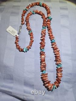 Navajo Spiny Oyster & Turquoise Graduated Rondell Necklace 27 In V. Johnson