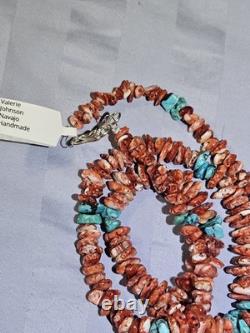 Navajo Spiny Oyster & Turquoise Graduated Rondell Necklace 27 In V. Johnson