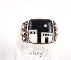 Navajo Sterling Native American Onyx and Shell Two Pueblo Ring Size 9