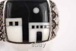 Navajo Sterling Native American Onyx and Shell Two Pueblo Ring Size 9