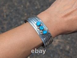 Navajo Sterling Silver Cuff Bracelet Kingman Turquoise Handmade Jewelry Sz 7in