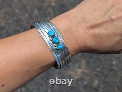 Navajo Sterling Silver Cuff Bracelet Kingman Turquoise Handmade Jewelry Sz 7in