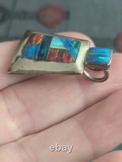 Navajo Sterling Silver Opal Native American Pendant Reynesta Leland Vtg Zuni Art