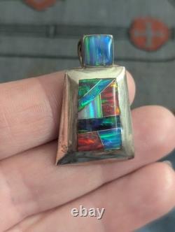 Navajo Sterling Silver Opal Native American Pendant Reynesta Leland Vtg Zuni Art