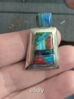 Navajo Sterling Silver Opal Native American Pendant Reynesta Leland Vtg Zuni Art
