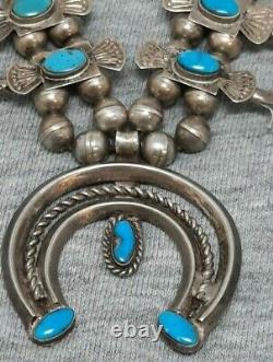 Navajo TURQUOISE Box & Bow SQUASH BLOSSOM Necklace Small Southwest
