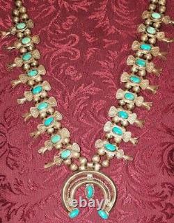Navajo TURQUOISE Box & Bow SQUASH BLOSSOM Necklace Small Southwest