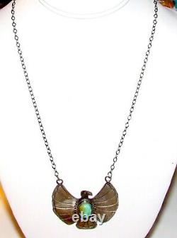 Navajo Thunderbird Bar Necklace Sterling Silver Kingman Turquoise Native Signed