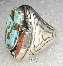 Navajo Turquoise Coral Ring OLD Hand Stamped Sterling Silver NATIVE AMERICAN s11