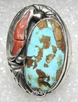 Navajo Turquoise Coral Ring OLD Hand Stamped Sterling Silver NATIVE AMERICAN s11