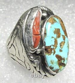 Navajo Turquoise Coral Ring OLD Hand Stamped Sterling Silver NATIVE AMERICAN s11