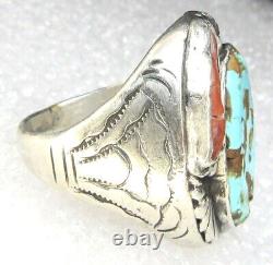 Navajo Turquoise Coral Ring OLD Hand Stamped Sterling Silver NATIVE AMERICAN s11